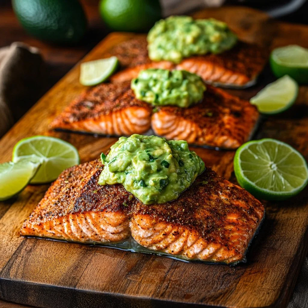 Quick Baked Cajun Salmon topped with Avocado Lime Sauce