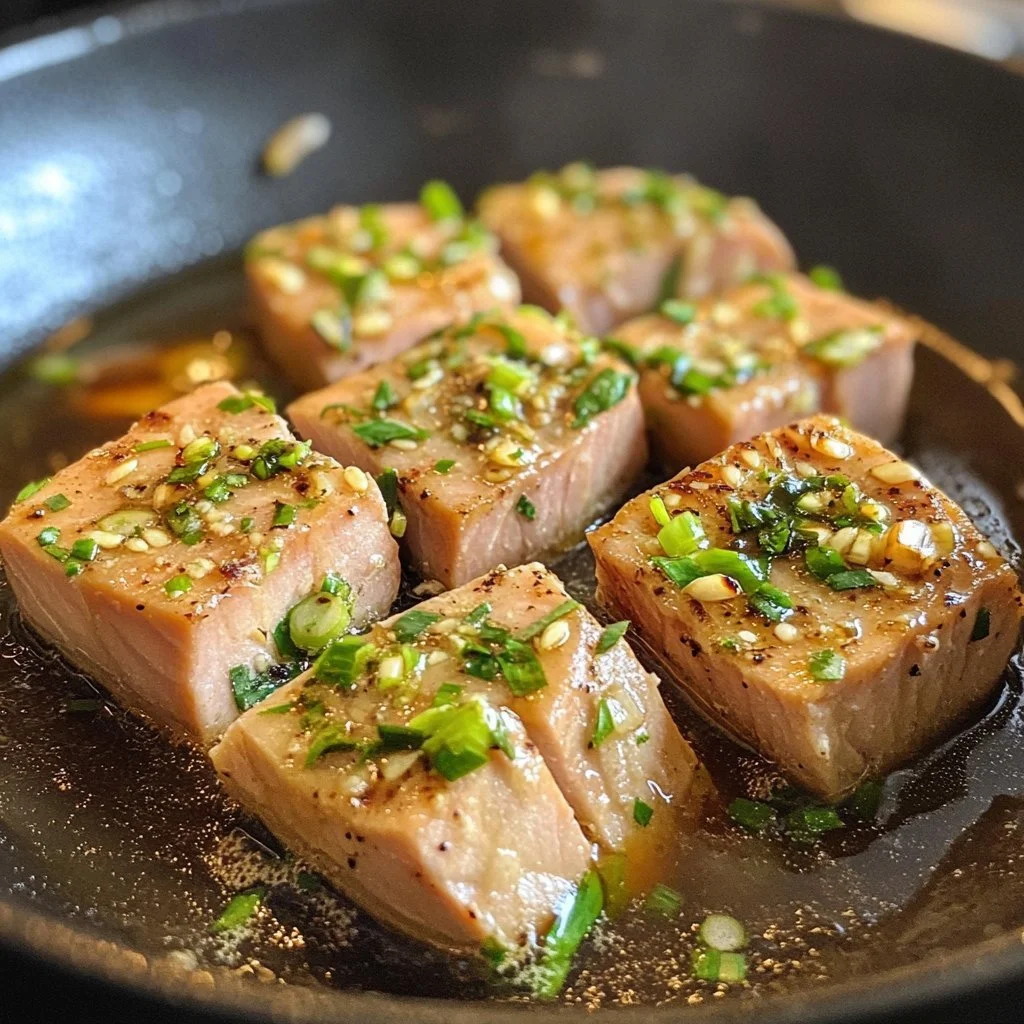 Pan-seared garlic butter tuna steak garnished with herbs and lemon