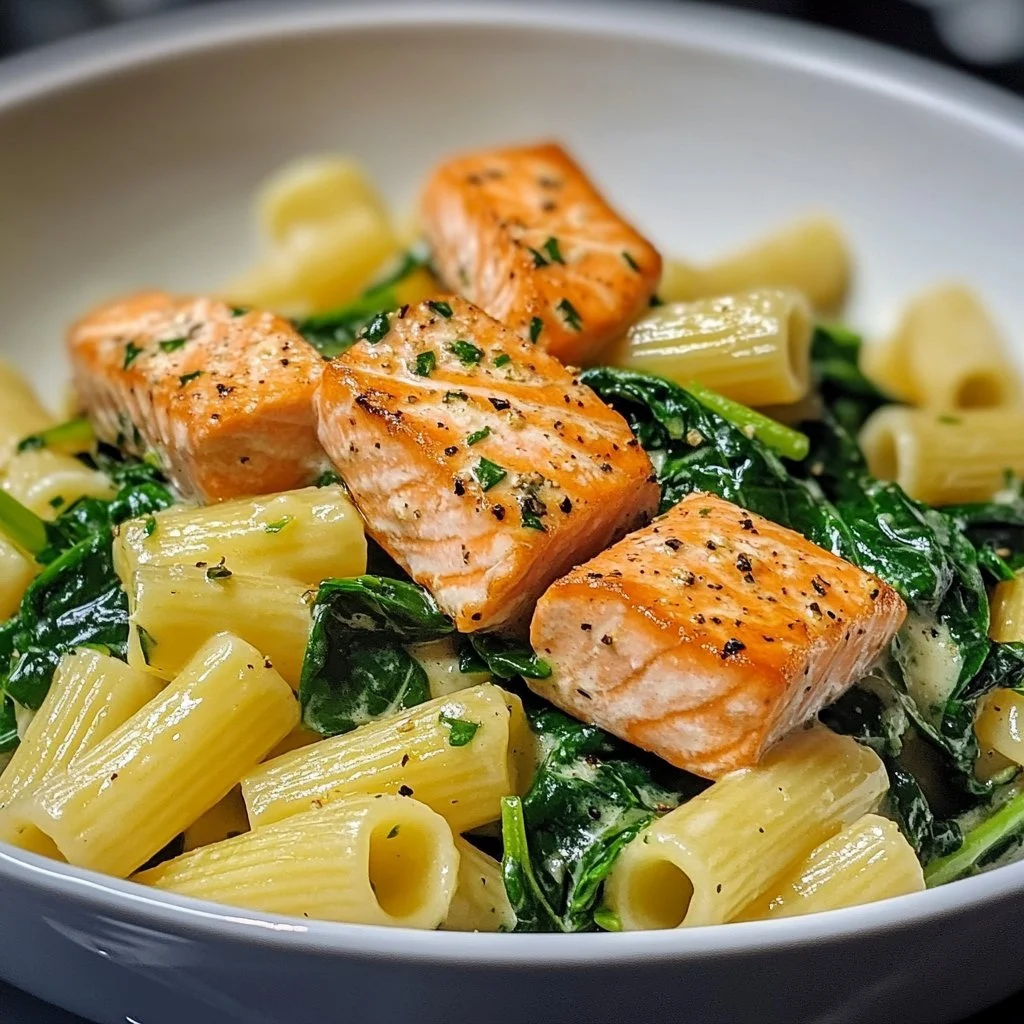 Quick Salmon and Spinach Pasta dish served in a bowl