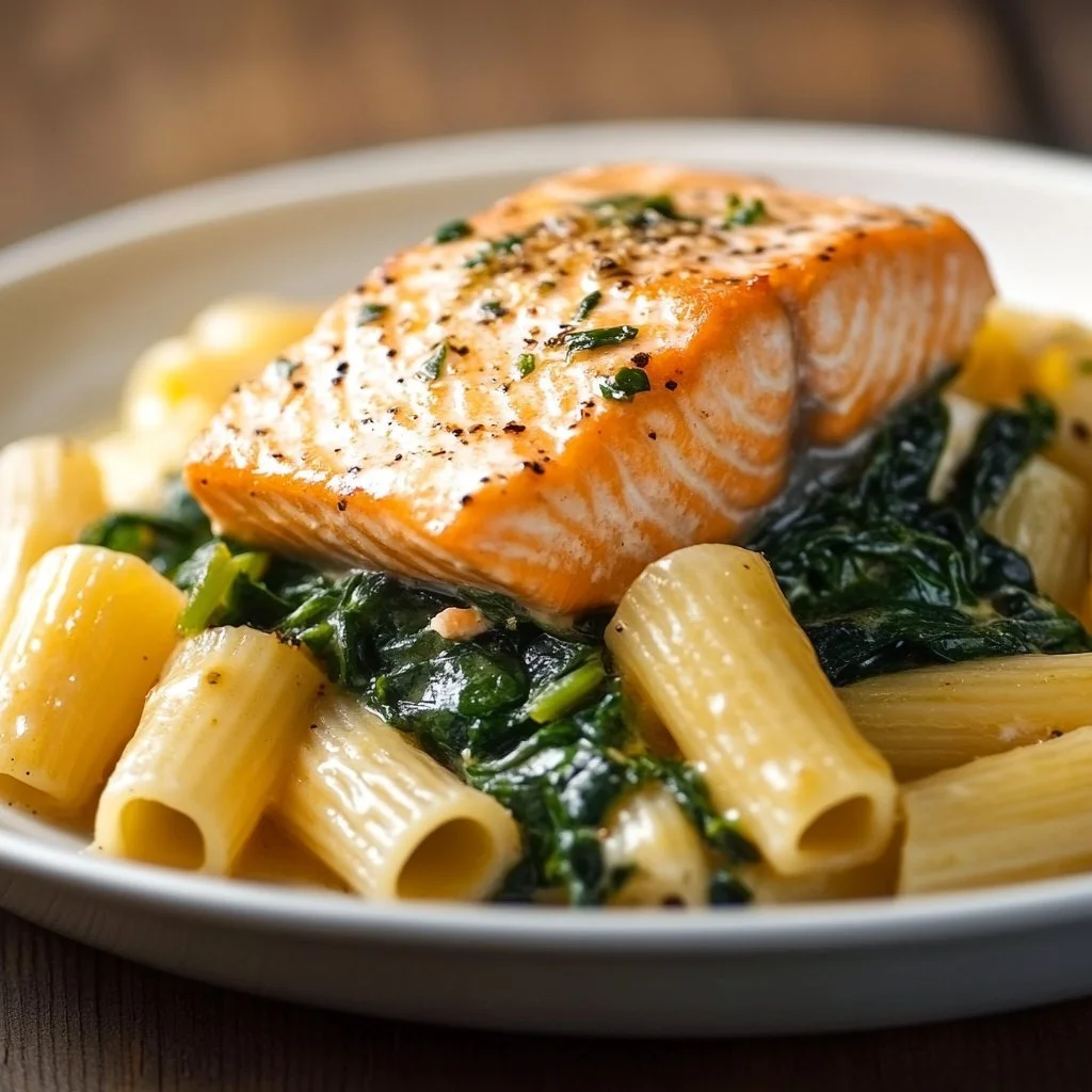 Quick Salmon & Spinach Pasta dish with vibrant colors and fresh ingredients