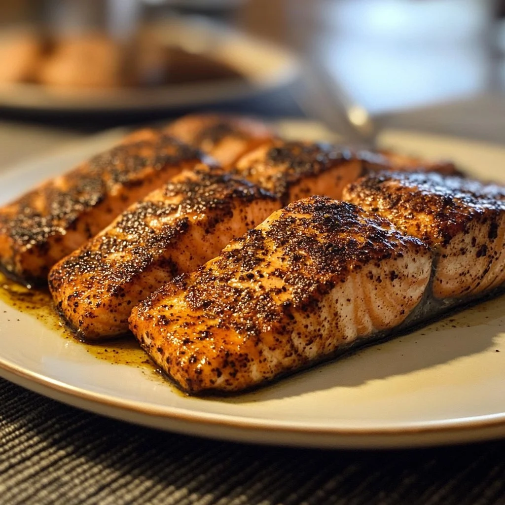 Delicious plate of quick spicy blackened salmon with vibrant seasoning