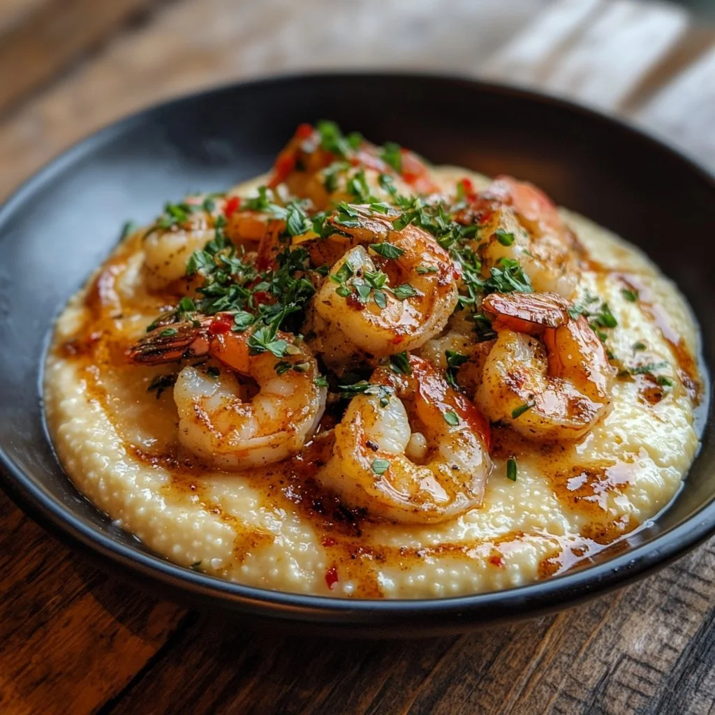 Red snapper and shrimp over creamy grits with Cajun sauce in a bowl