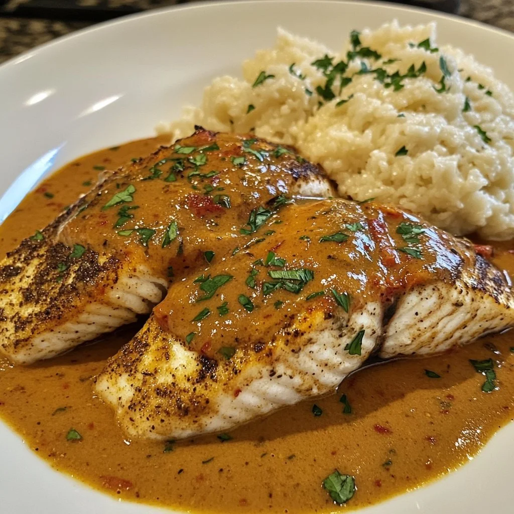 Delicious red snapper filet served with creamy Creole sauce on a plate