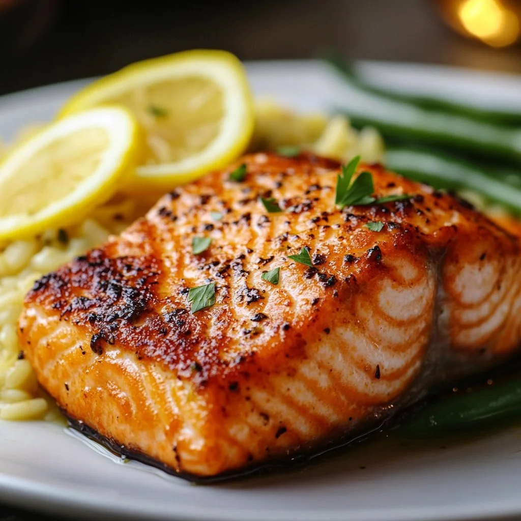 Plate of Salmon & Orzo Rice garnished with herbs