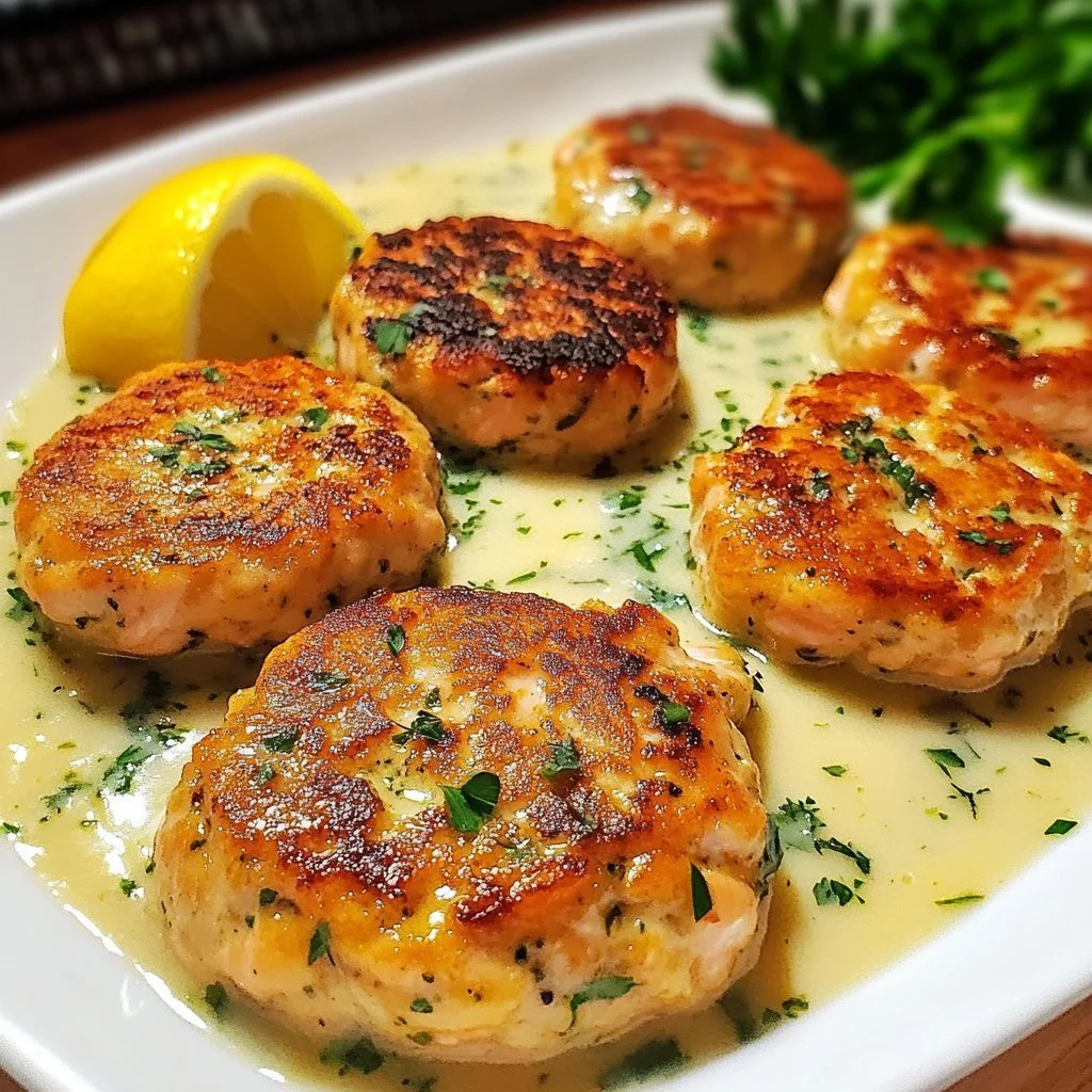 Plate of flavorful salmon patties served with lemon garlic sauce