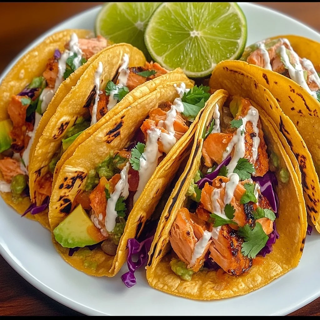 Delicious salmon tacos served with fresh toppings and sauces