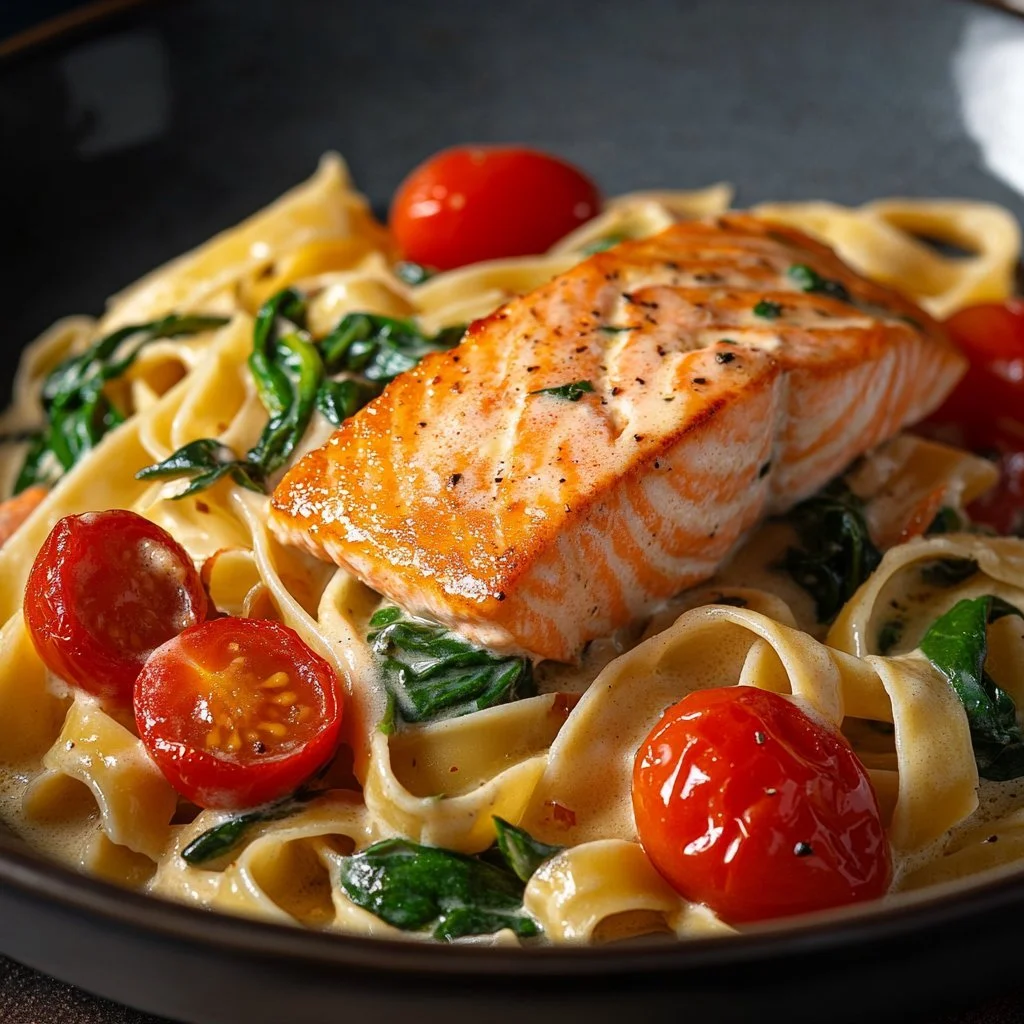 Creamy Salmon Alfredo with Spinach and Tomatoes served on a plate