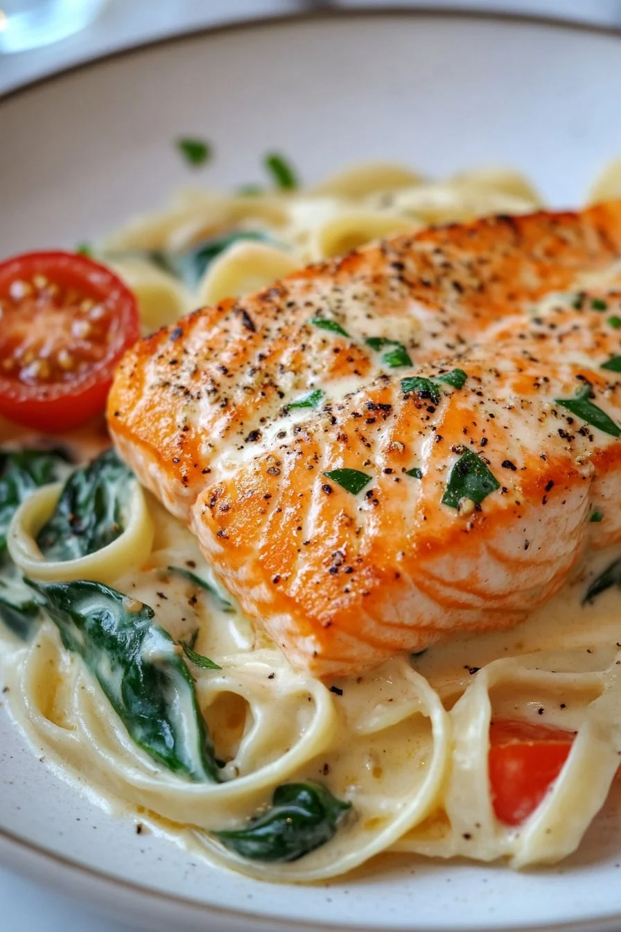 Salmon, Tomato and Spinach Alfredo