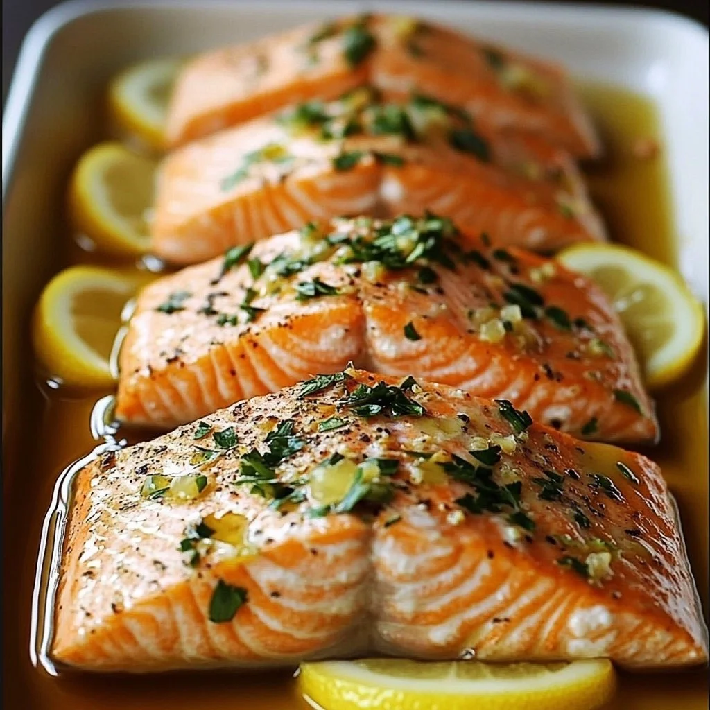 Savory baked salmon garnished with herbs and lemon on a plate