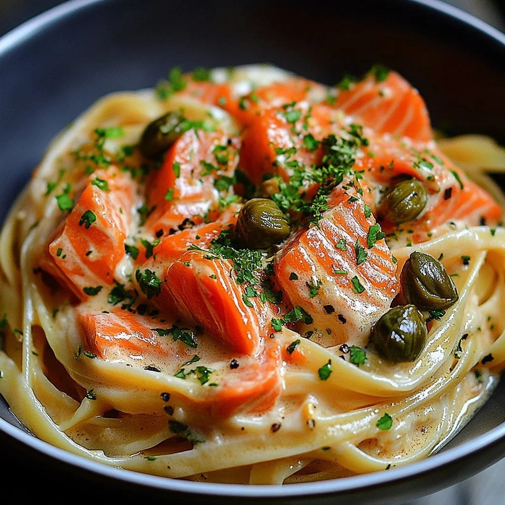 Delicious plate of smoked salmon linguine topped with fresh herbs and pepper