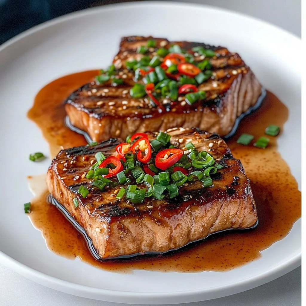 Savory Soy-Ginger Tuna Steaks garnished and ready to serve