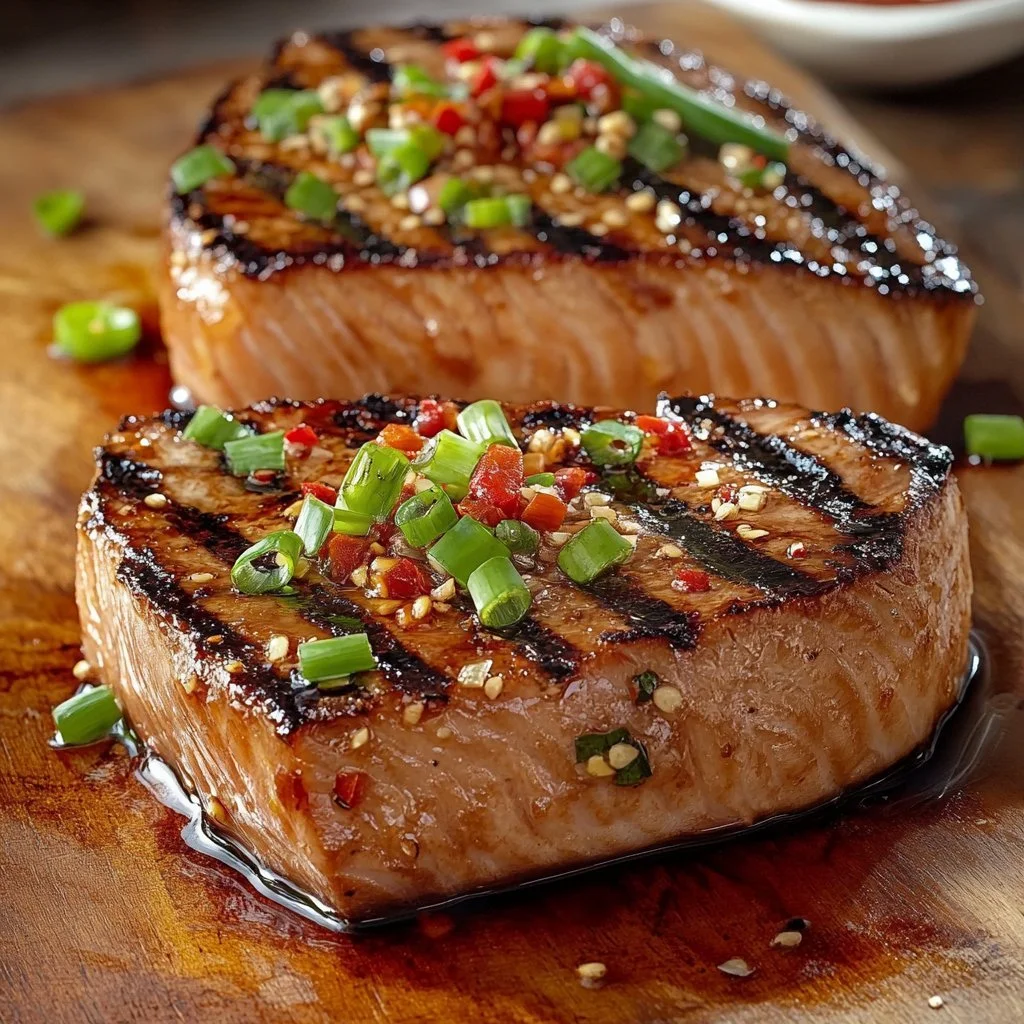 Savory soy-ginger tuna steaks served on a plate with garnishes