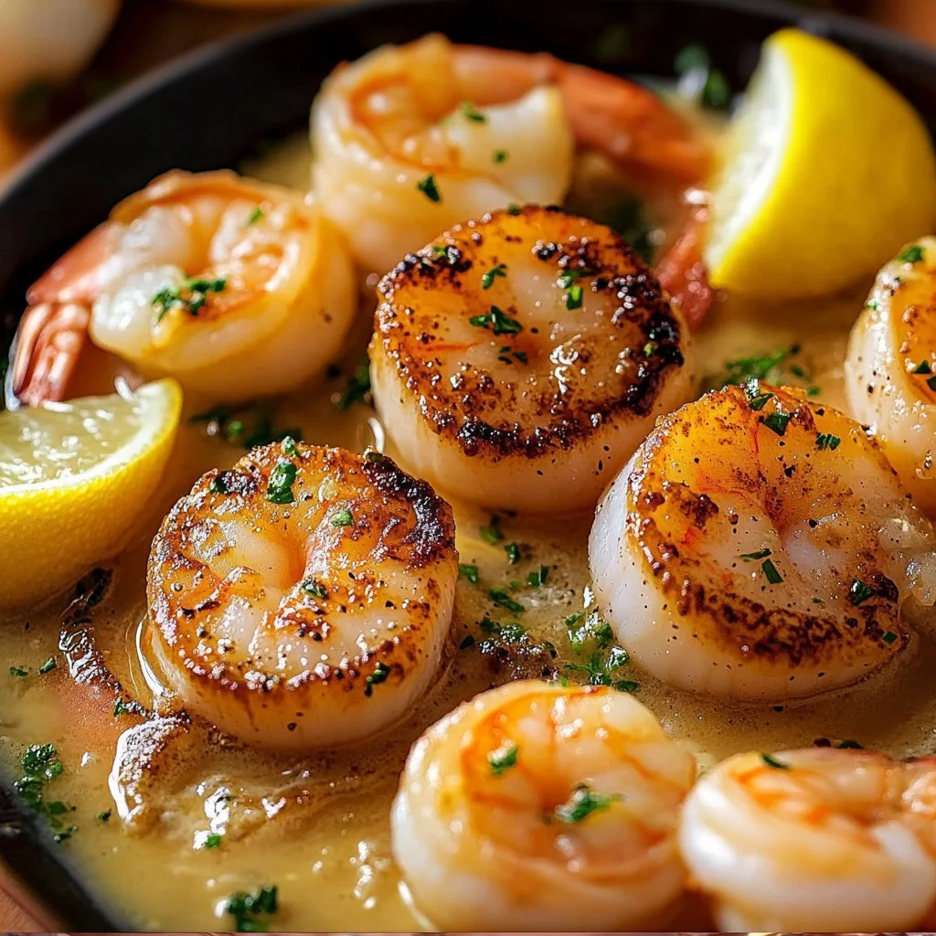 Dish of scallops and shrimp in garlic butter sauce on a plate