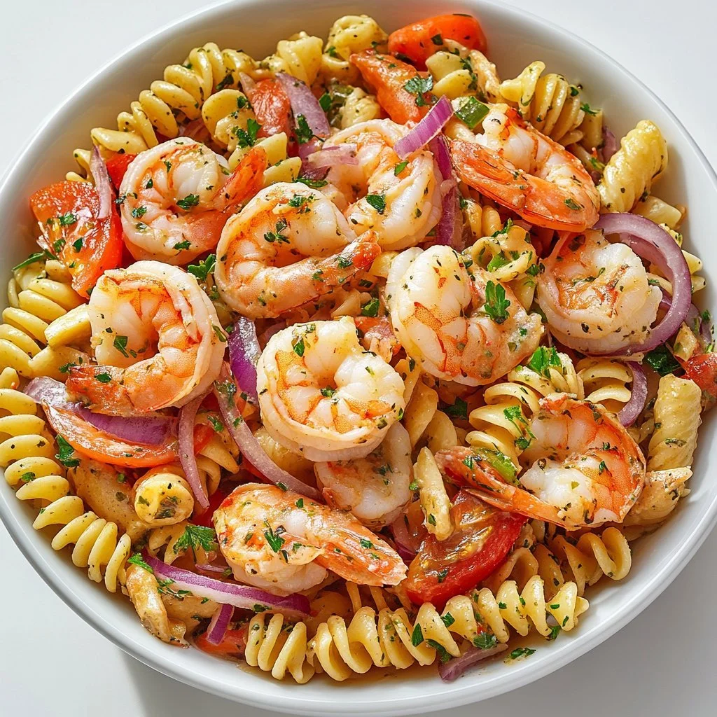 Delicious seafood pasta salad with crab and shrimp served in a bowl.