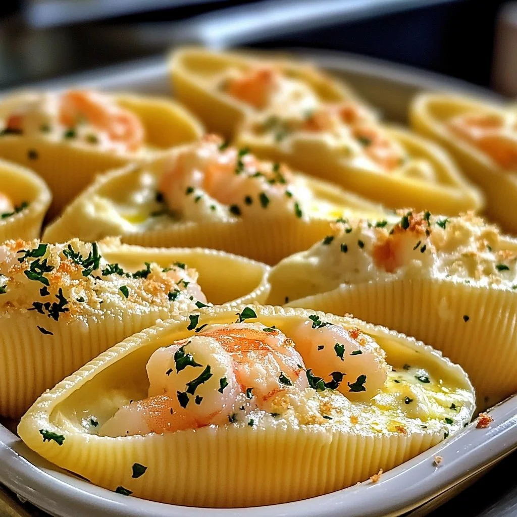 Delicious seafood stuffed shells topped with creamy sauce and herbs