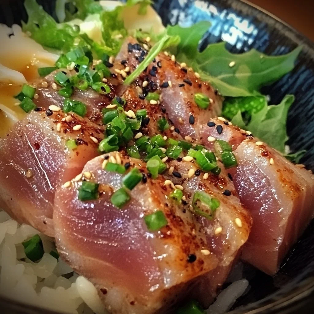 Deliciously seared ahi tuna steak served with garnishes and flavors