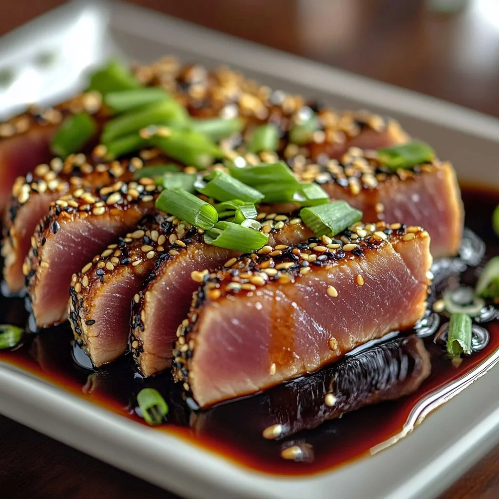 Perfectly seared Ahi Tuna garnished with an Asian glaze.