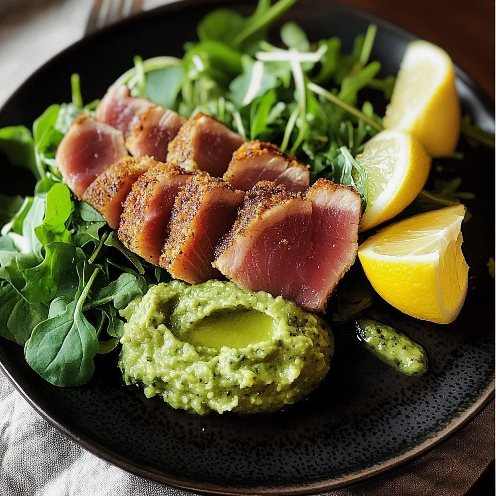 Seared crispy tuna served with citrus avocado mash on a white plate.