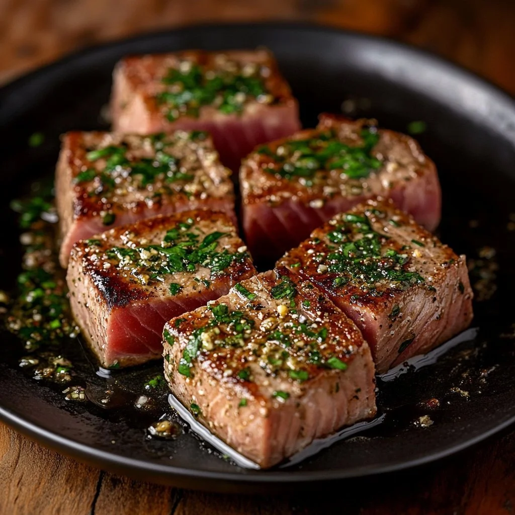 Seared tuna steaks with garlic herb butter garnished on a plate