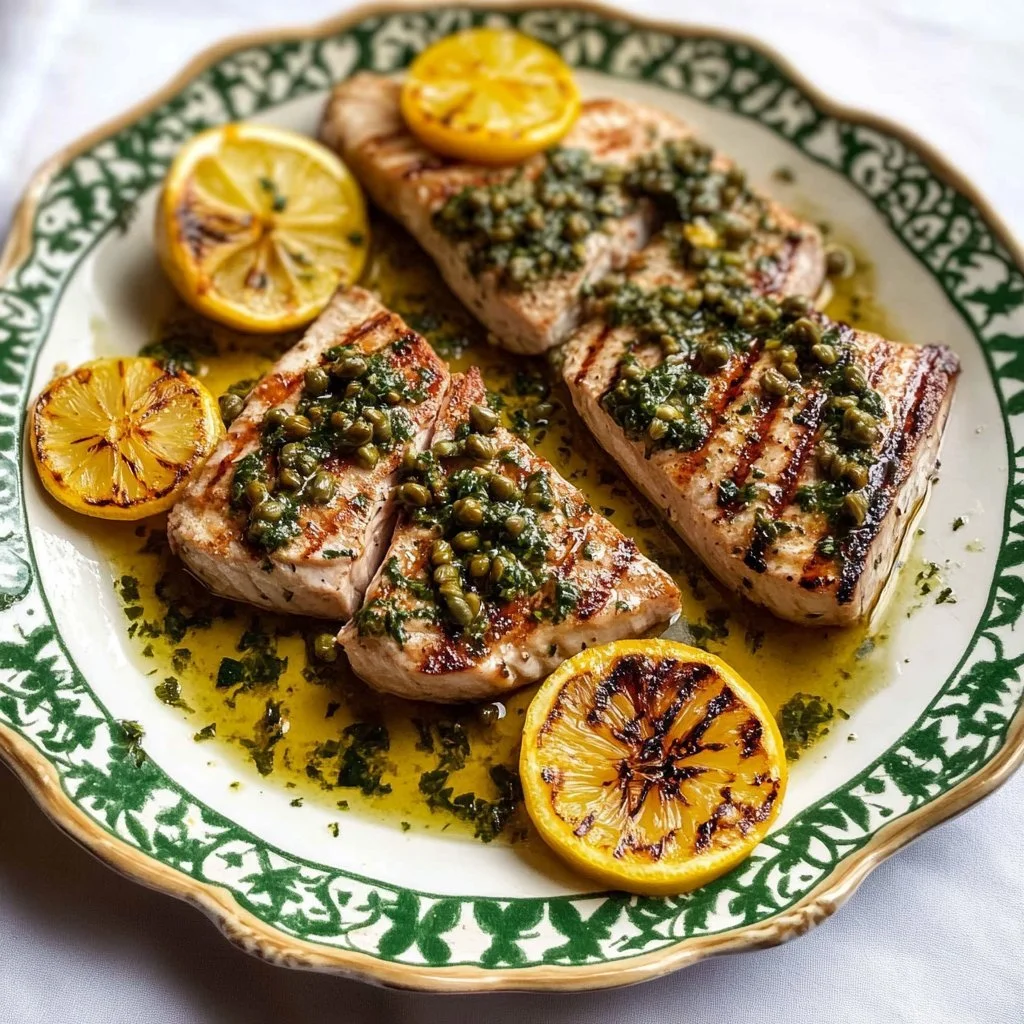 Delicious seared tuna steaks with lemon, caper, and parsley butter served on a plate