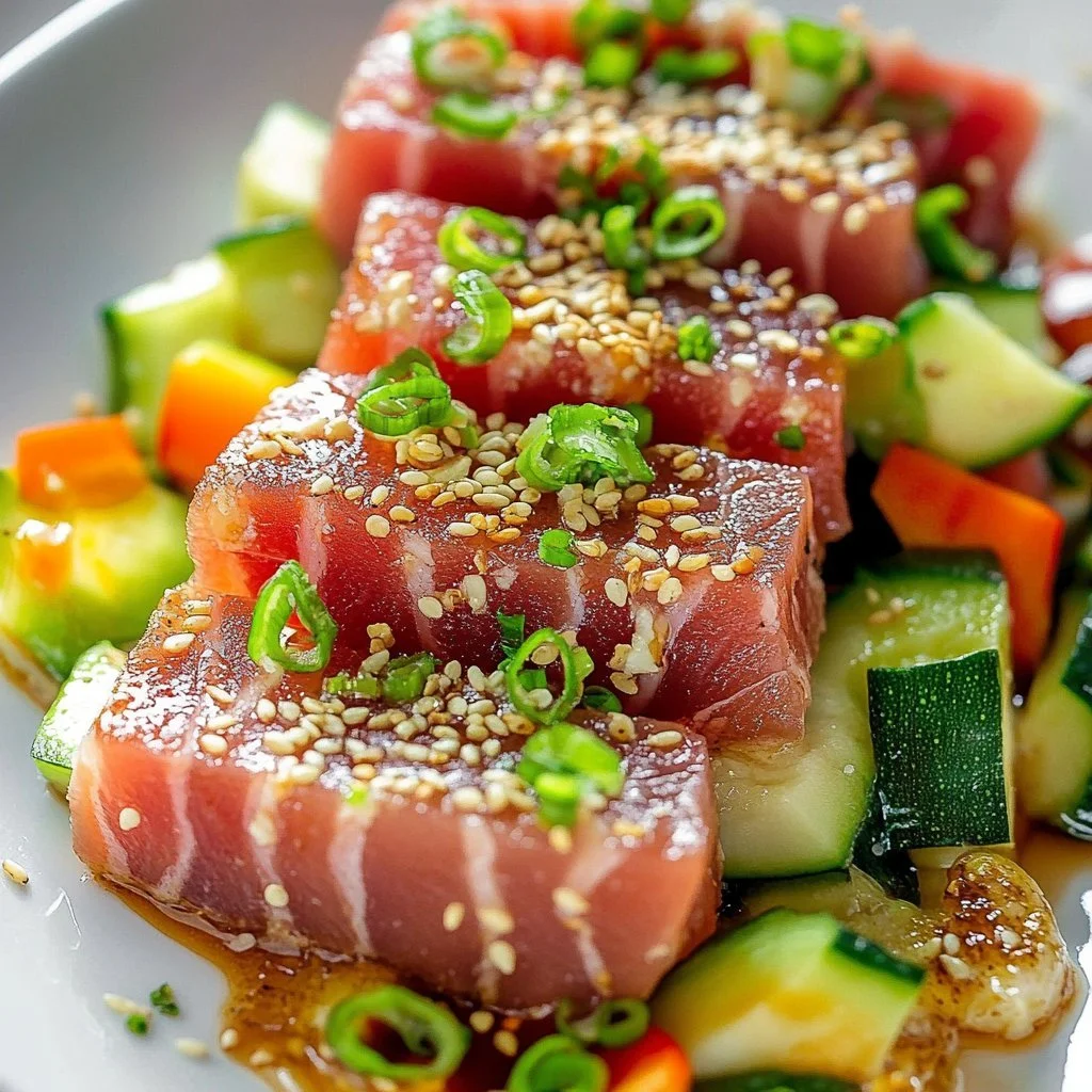 Plate of seared tuna garnished with sesame seeds and ginger sauce