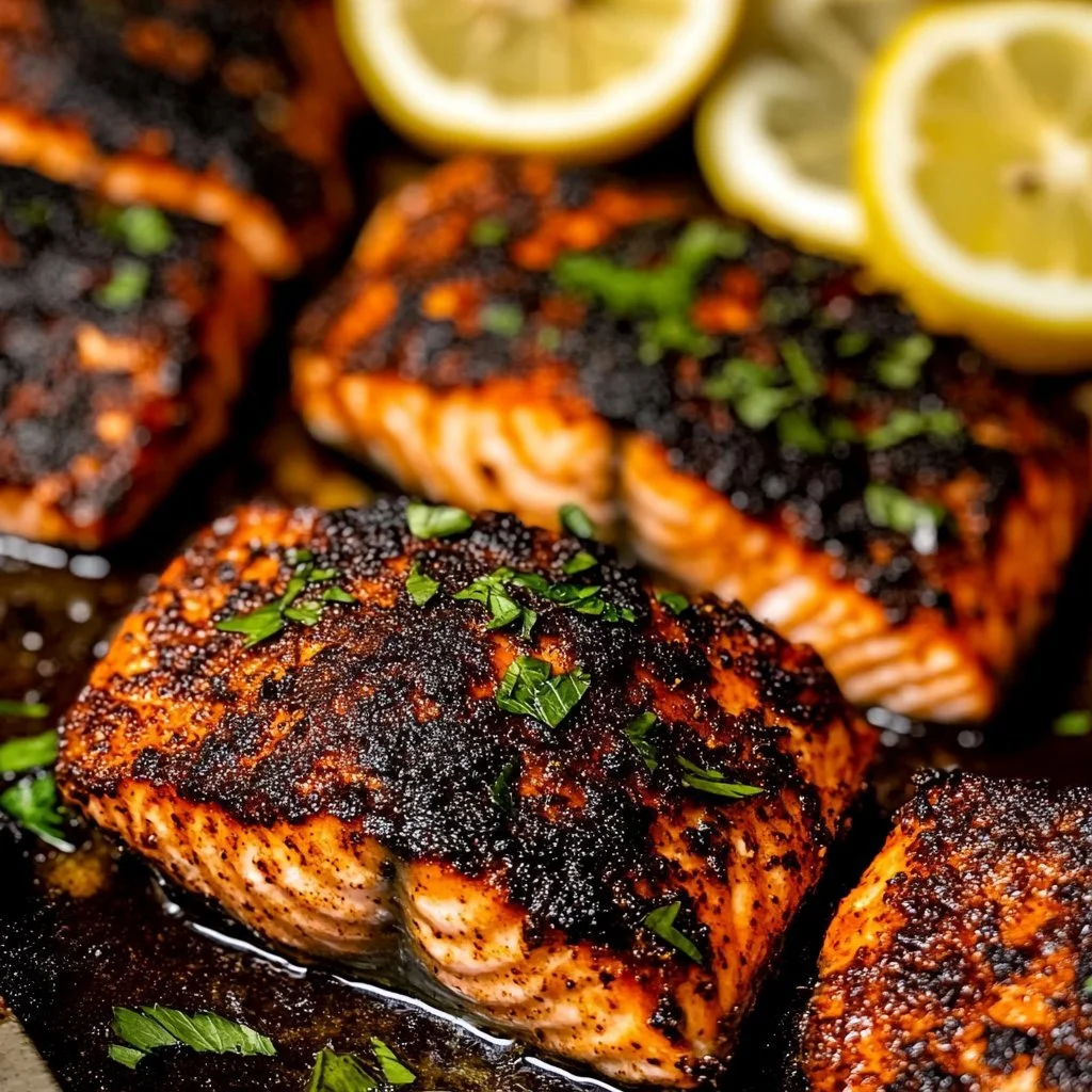 Seasoned salmon fillet topped with lemon butter sauce on a plate