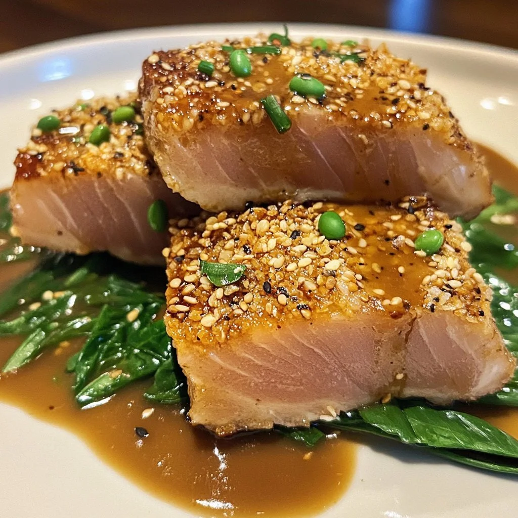 Sesame crusted ahi tuna plated with fresh vegetables and sauce