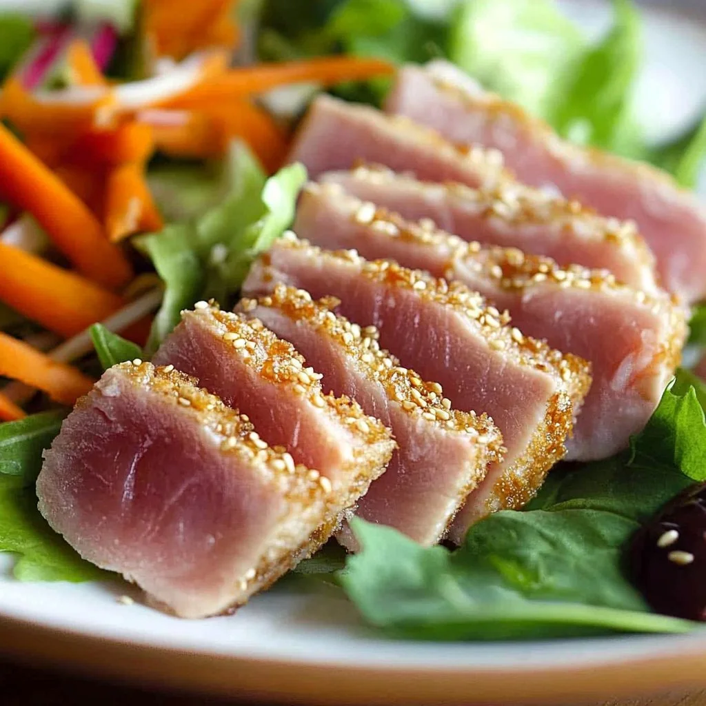 Sesame Crusted Ahi Tuna drizzled with Soy Ginger Lime Sauce, vibrant dish presentation