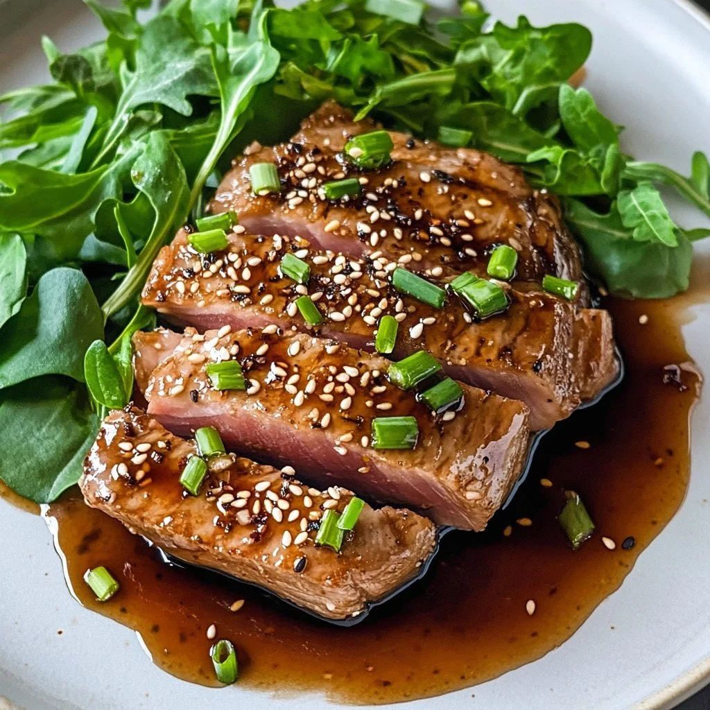 Sesame Ginger Asian Tuna Steak cooked and served on a plate