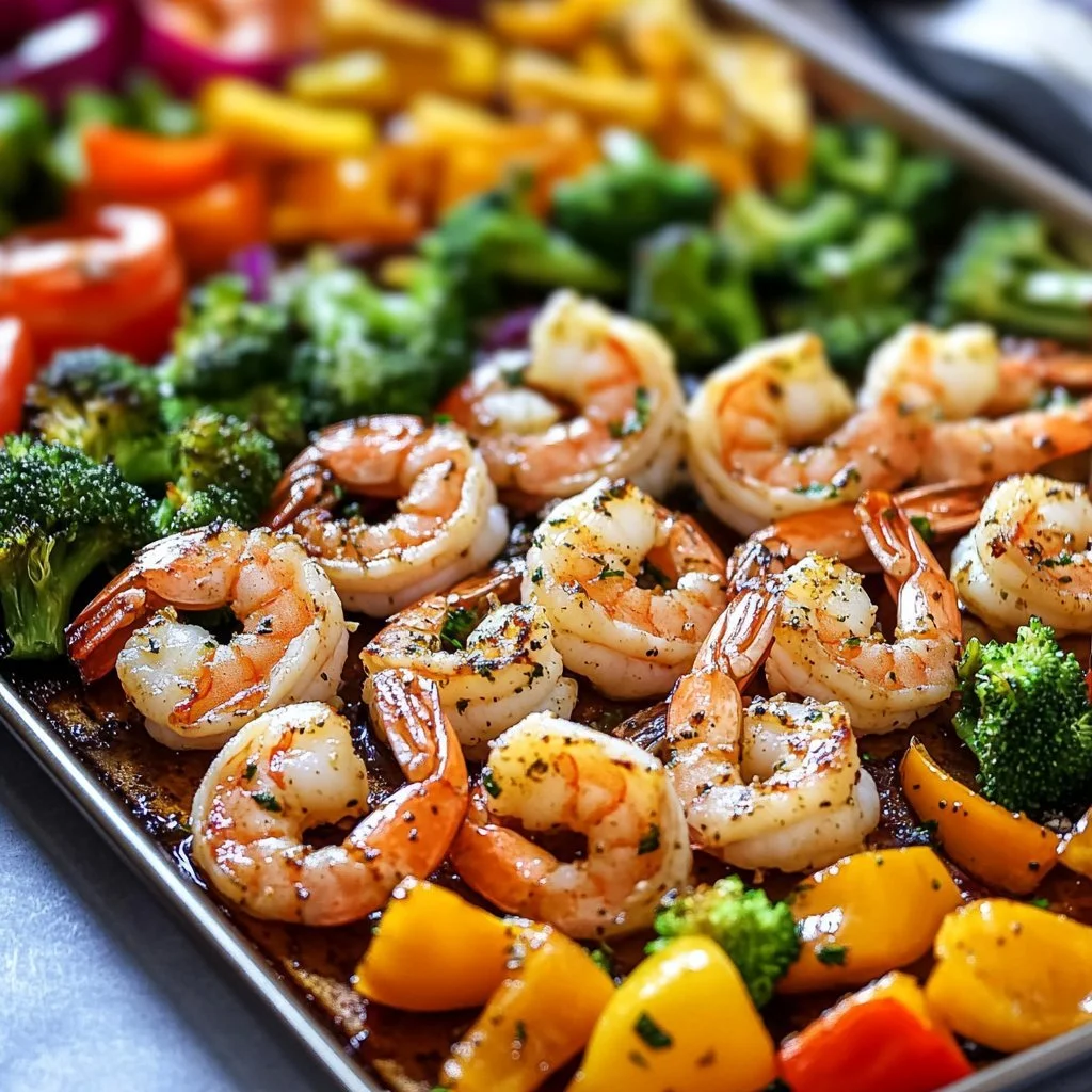 Sheet pan garlic shrimp with colorful vegetables ready to serve