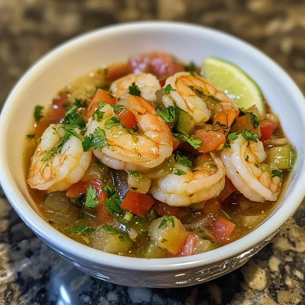 Delicious shrimp aguachile dish garnished with lime and cilantro