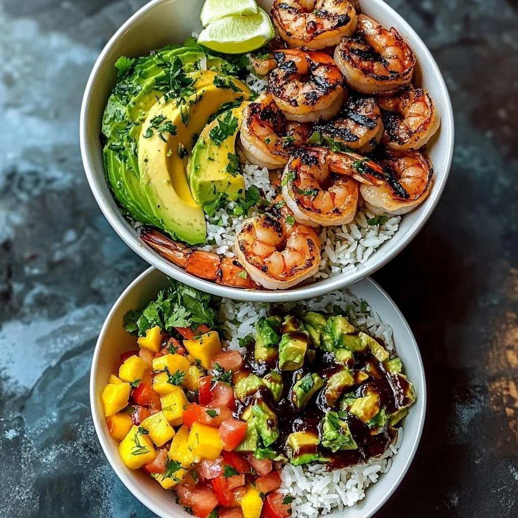 Shrimp avocado bowl garnished with mango salsa and lime-chili sauce