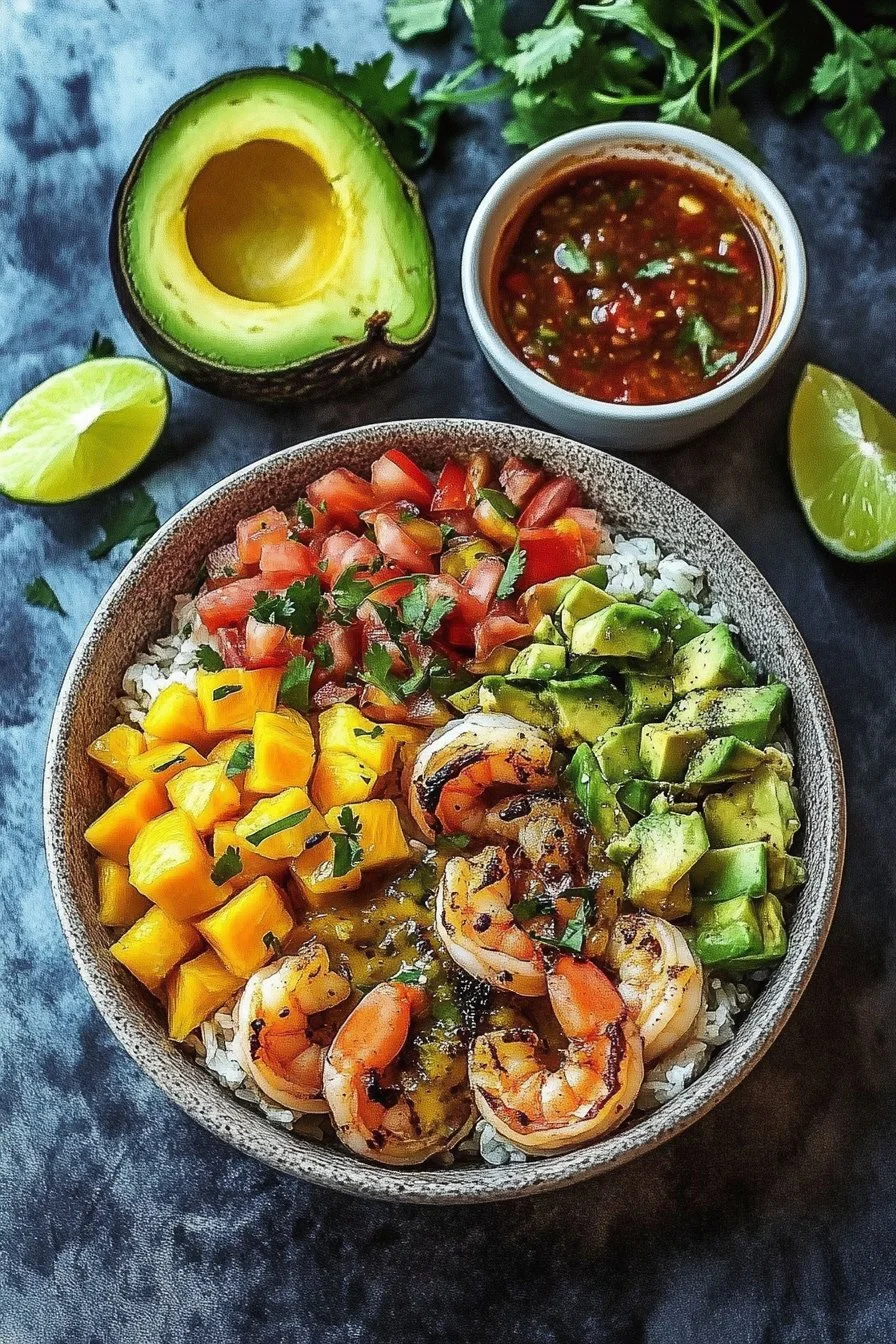 Shrimp and Avocado Bowls with Mango Salsa & Lime-Chili Sauce