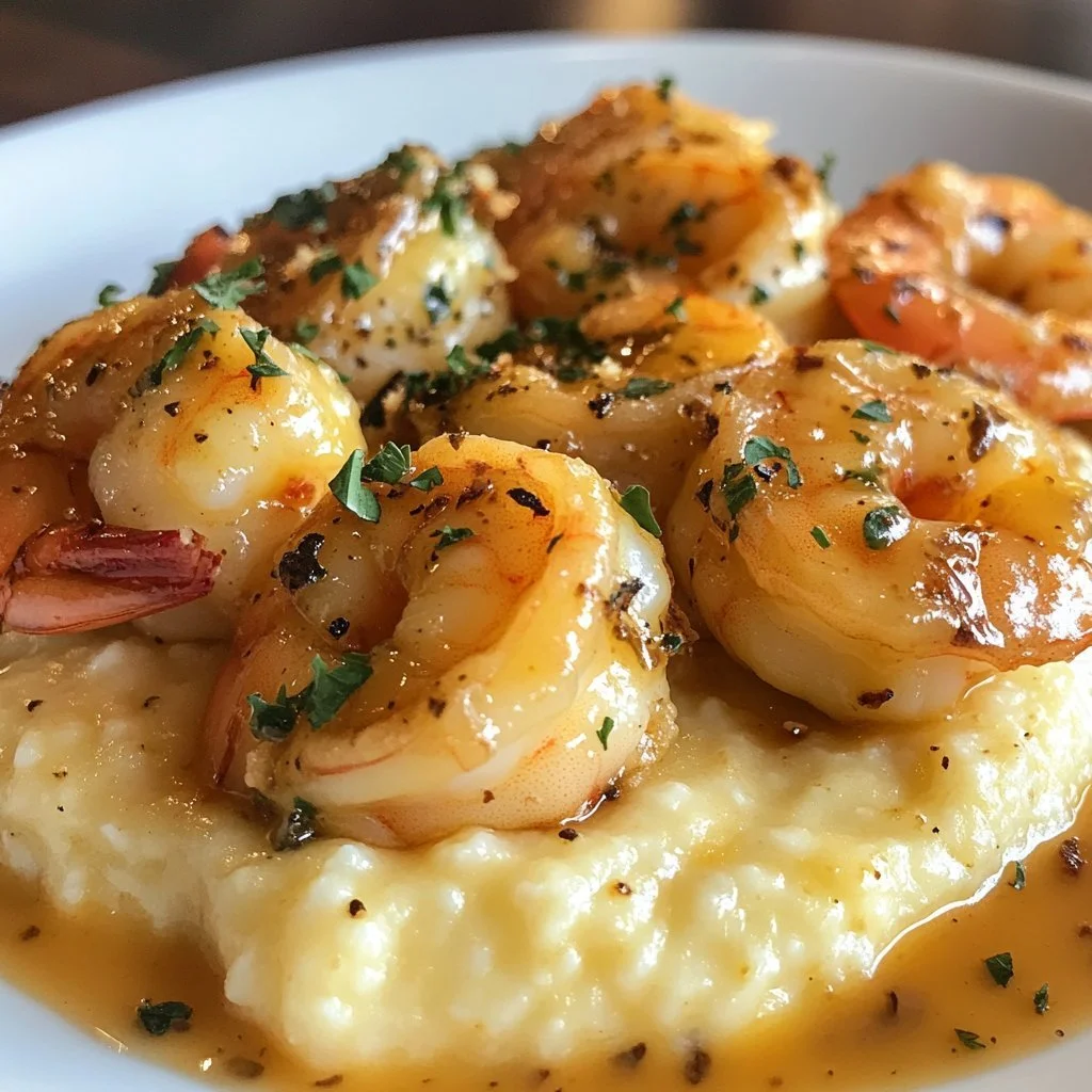 Shrimp and cheese grits dish, featuring succulent shrimp over creamy cheese grits.