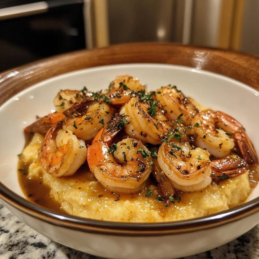 Delicious plate of shrimp and grits with garnishes served in a bowl