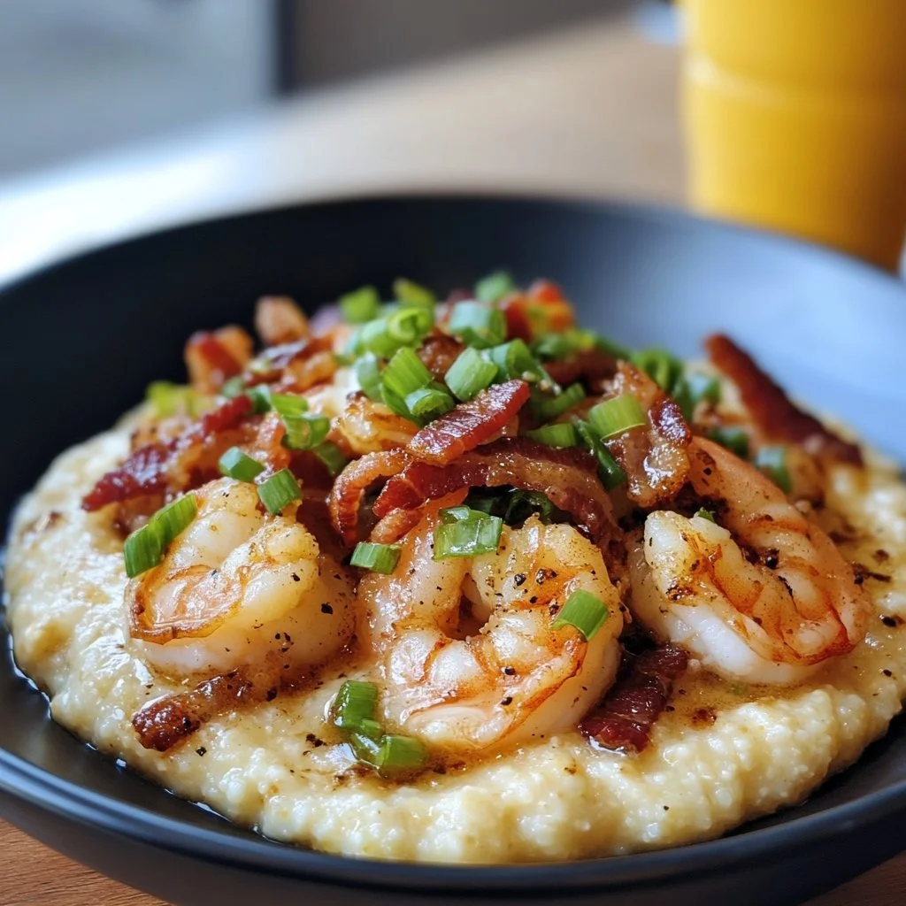 Delicious plate of shrimp and grits garnished with herbs