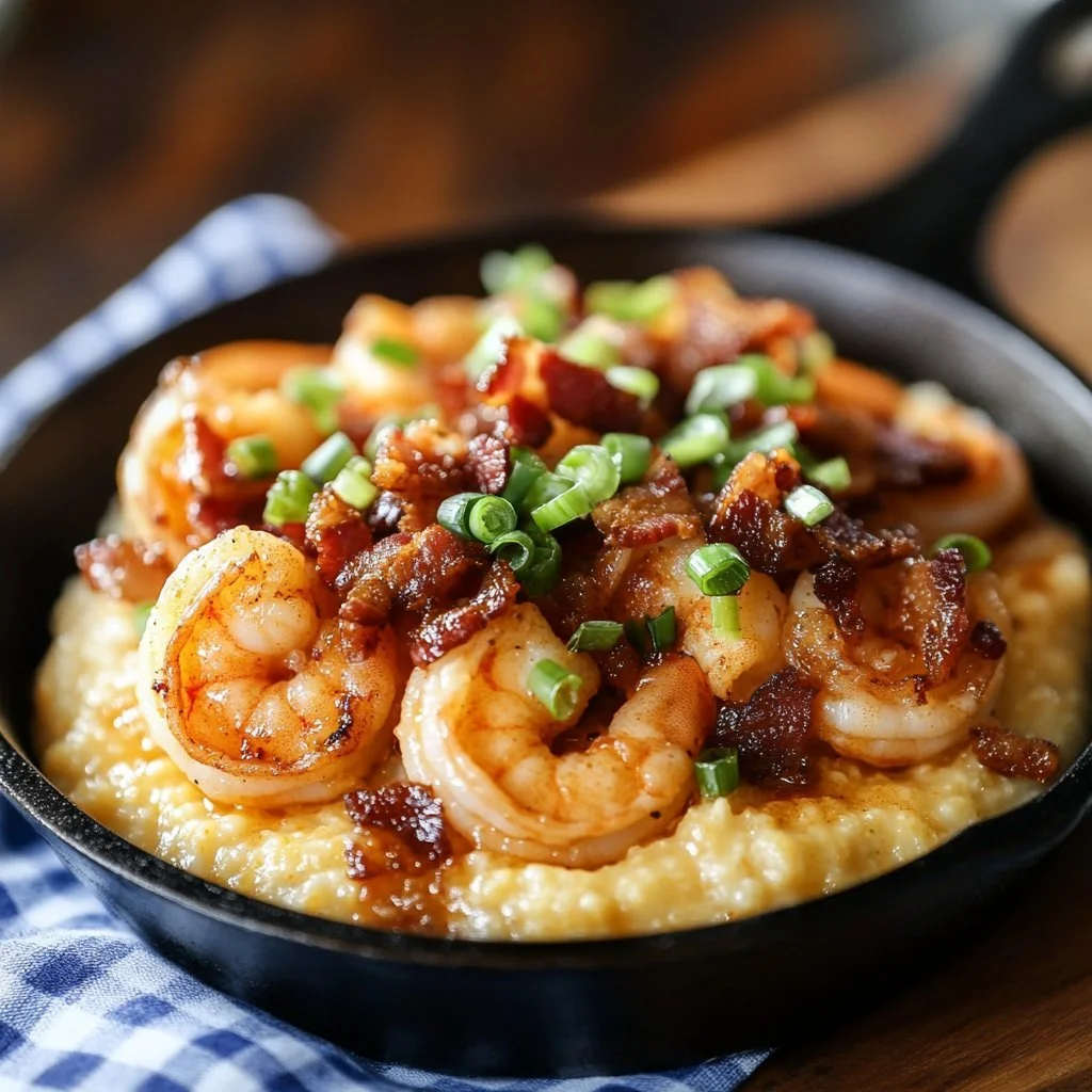 Delicious shrimp and grits served in a bowl with green garnishes.