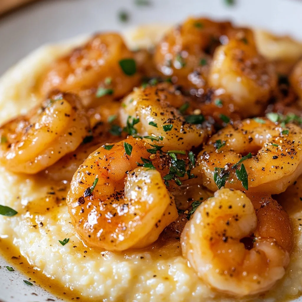 Delicious Shrimp and Grits served in a bowl with spices and herbs.