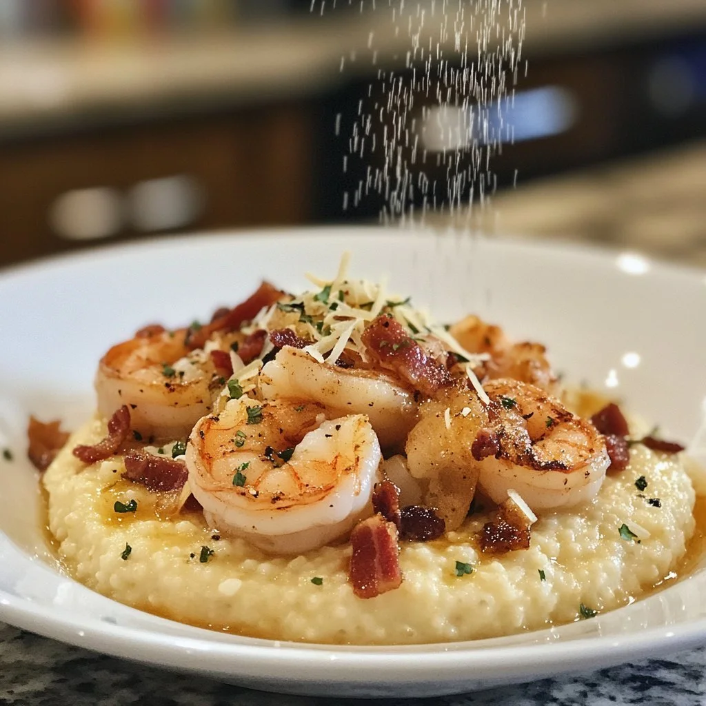 Delicious shrimp and grits plated with garnishes and herbs