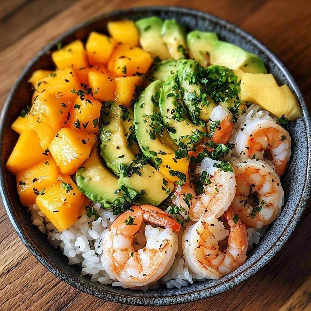 Delicious Shrimp Avocado Mango Rice Bowl with colorful ingredients