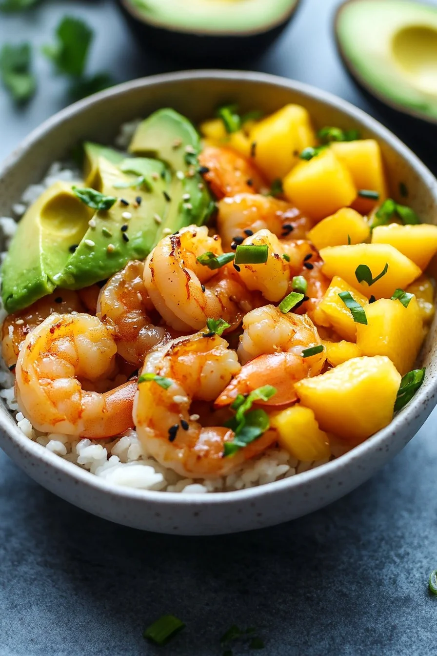 Shrimp Avocado Mango Rice Bowl