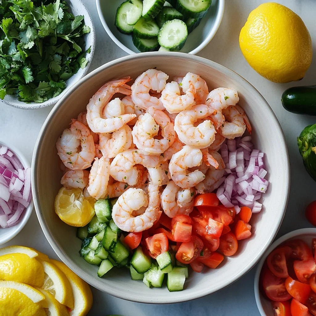 Delicious shrimp ceviche served with fresh vegetables and lime