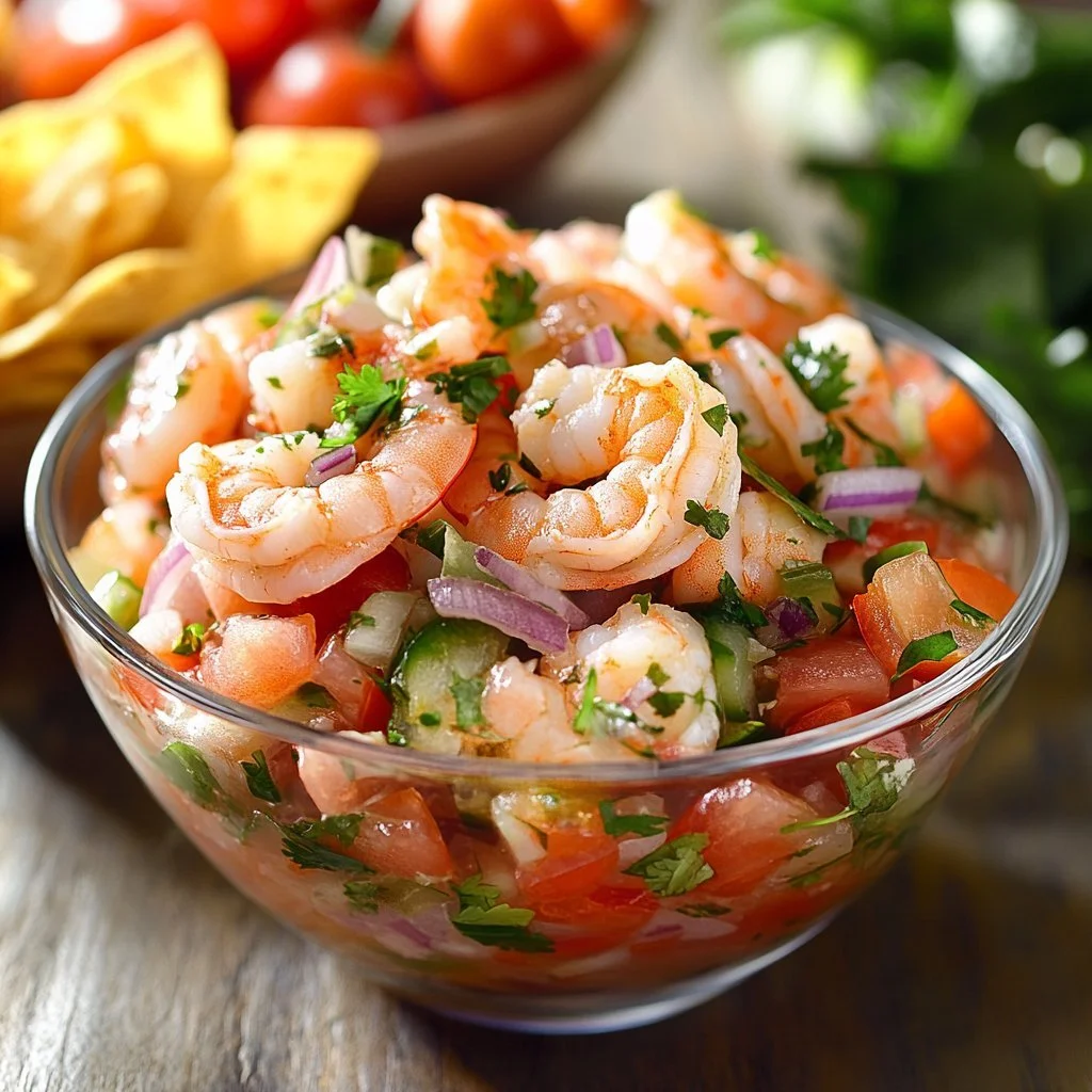 Bowl of delicious shrimp ceviche with vibrant vegetables and lime
