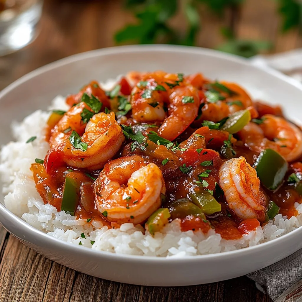 A vibrant plate of Shrimp Creole showcasing shrimp, tomatoes, and spices in a rich sauce.