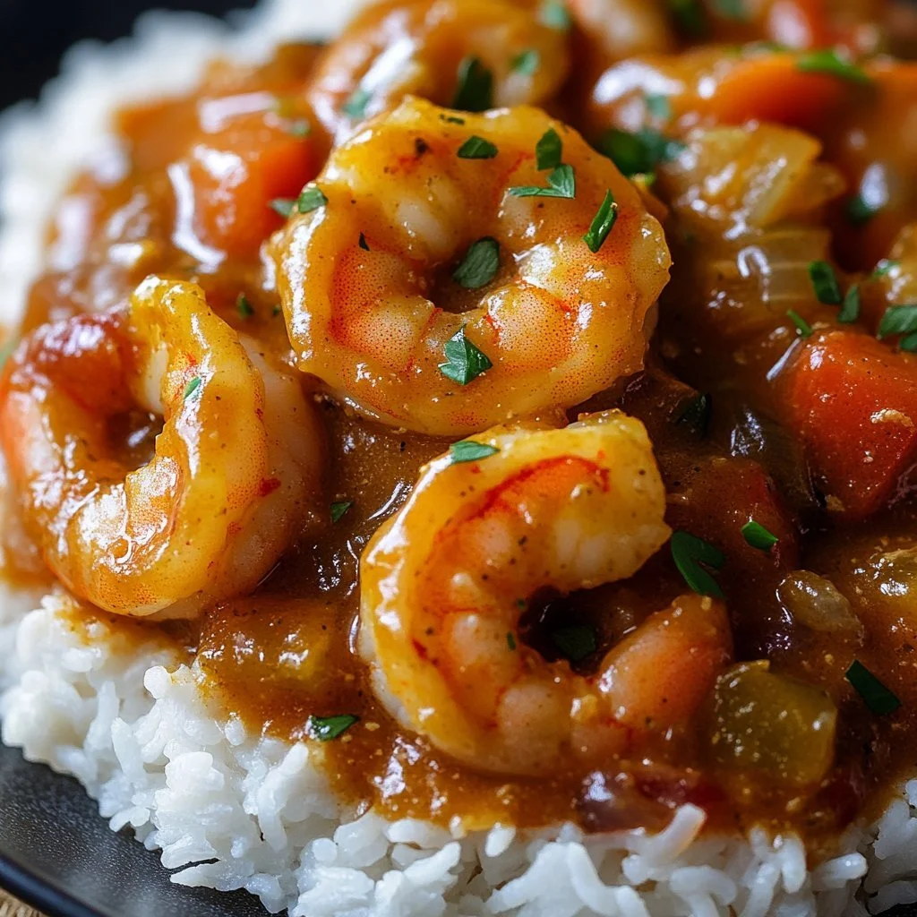 Plate of flavorful shrimp étouffée garnished with green onions and served with rice