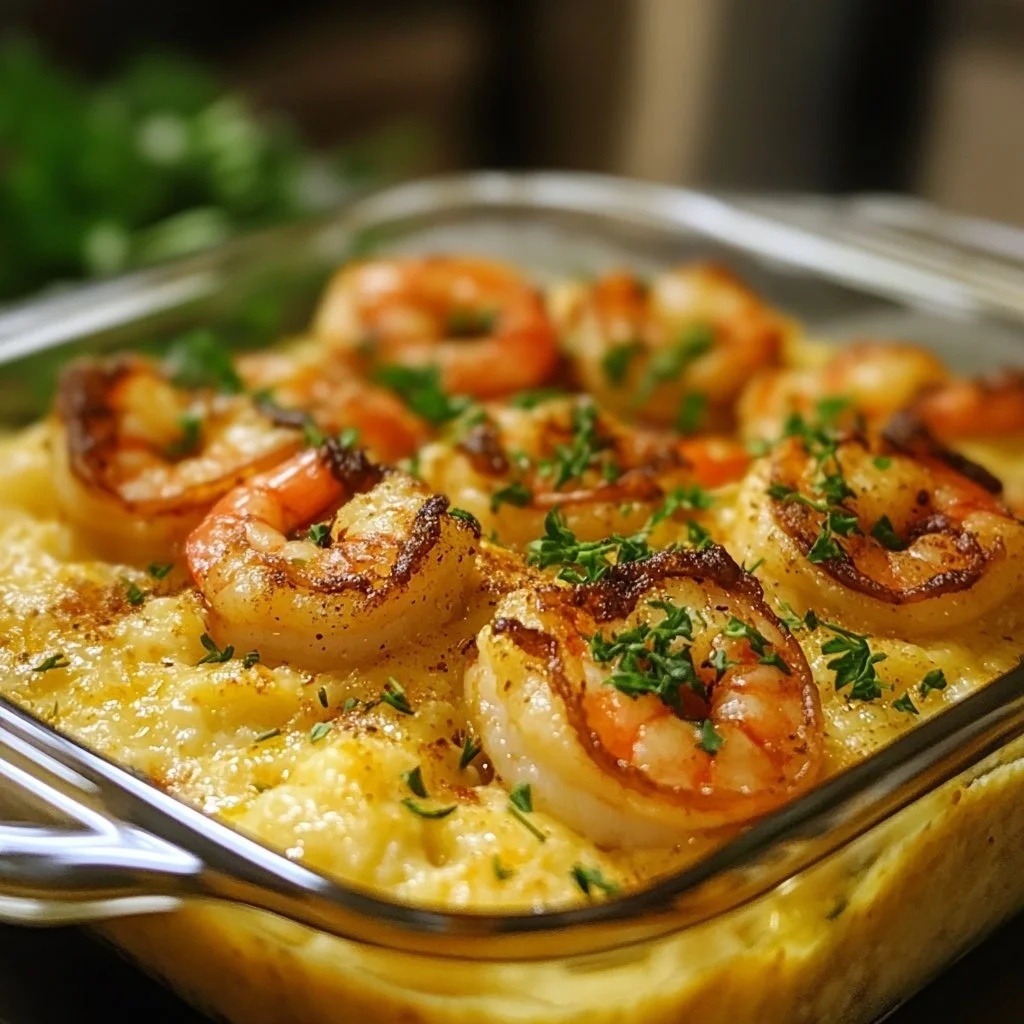 Shrimp & Grits Casserole with shrimp, creamy grits, and herbs on a plate