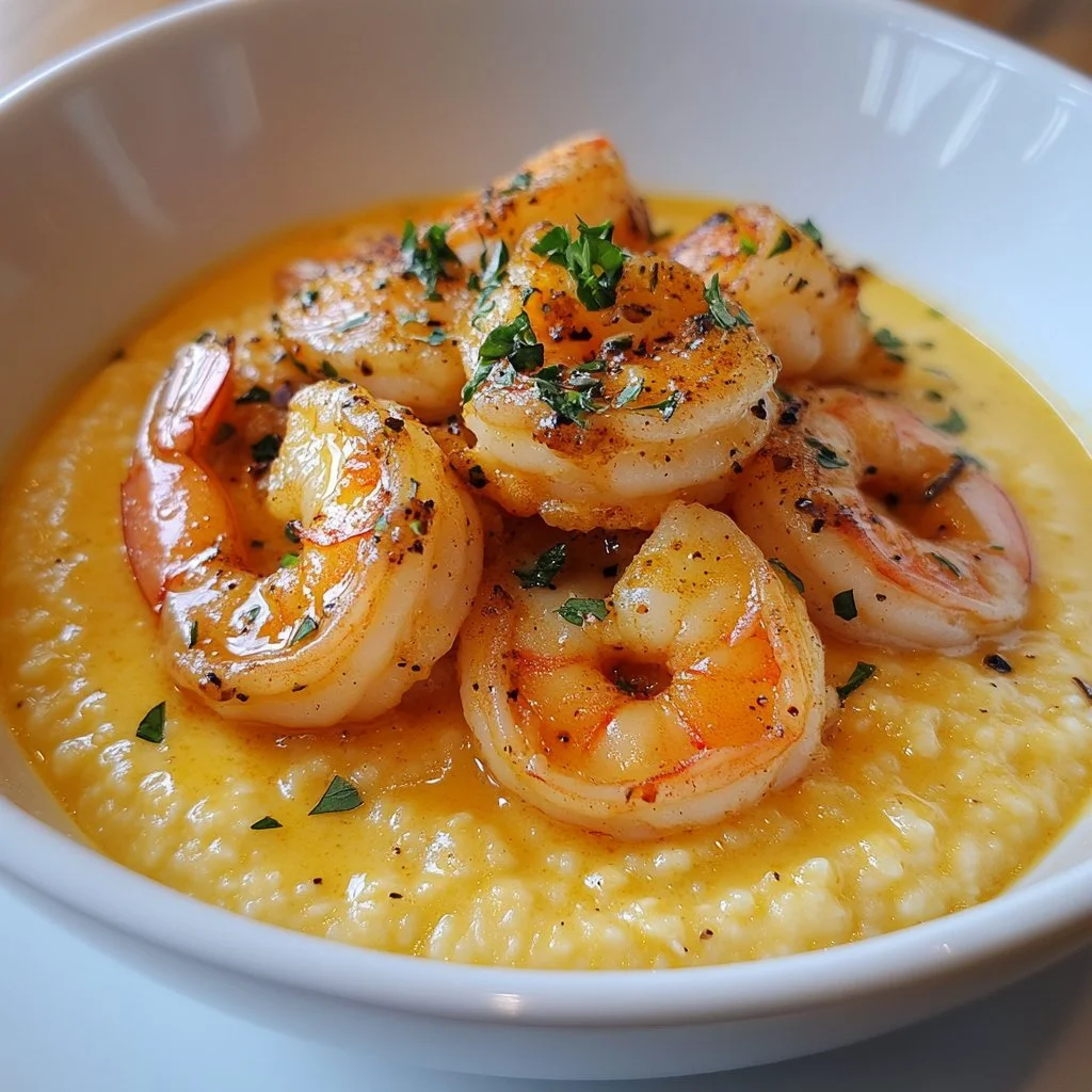 Shrimp and grits topped with Cajun cream sauce on a plate