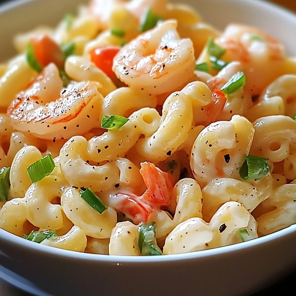 Delicious Shrimp Macaroni Salad served in a bowl with fresh ingredients.