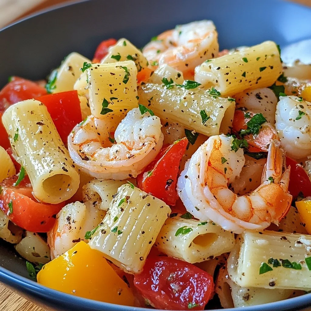 Colorful shrimp pasta salad with fresh vegetables and dressing