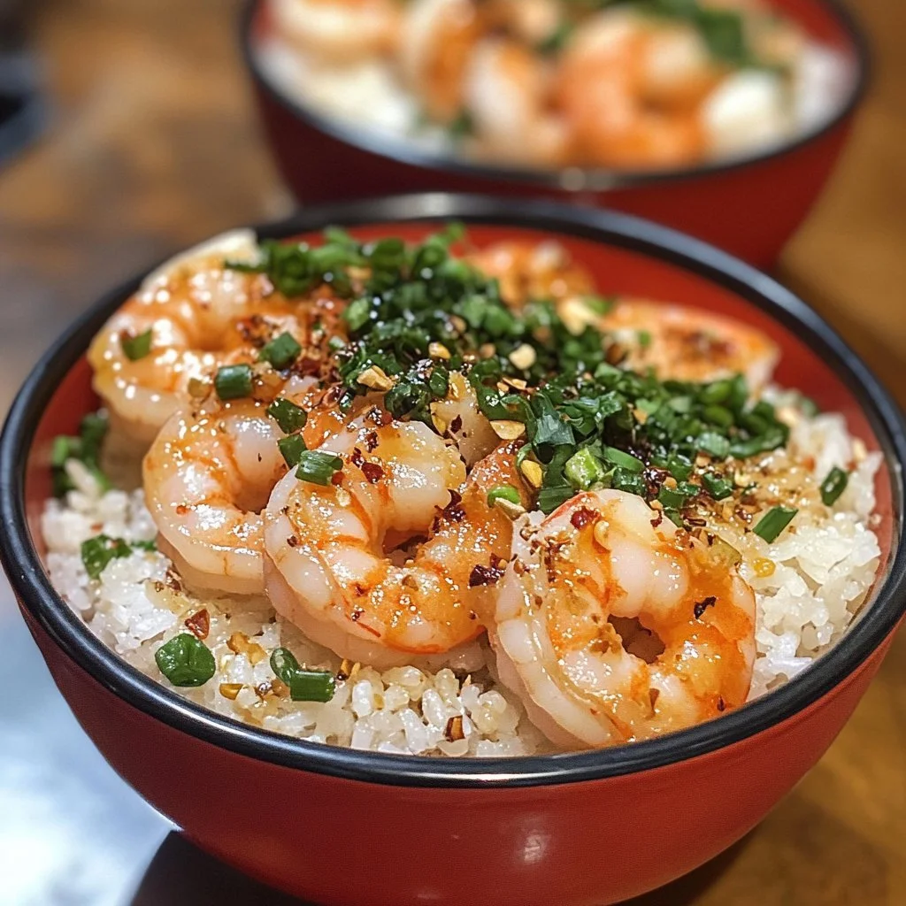 Delicious shrimp rice bowl with fresh vegetables and rice
